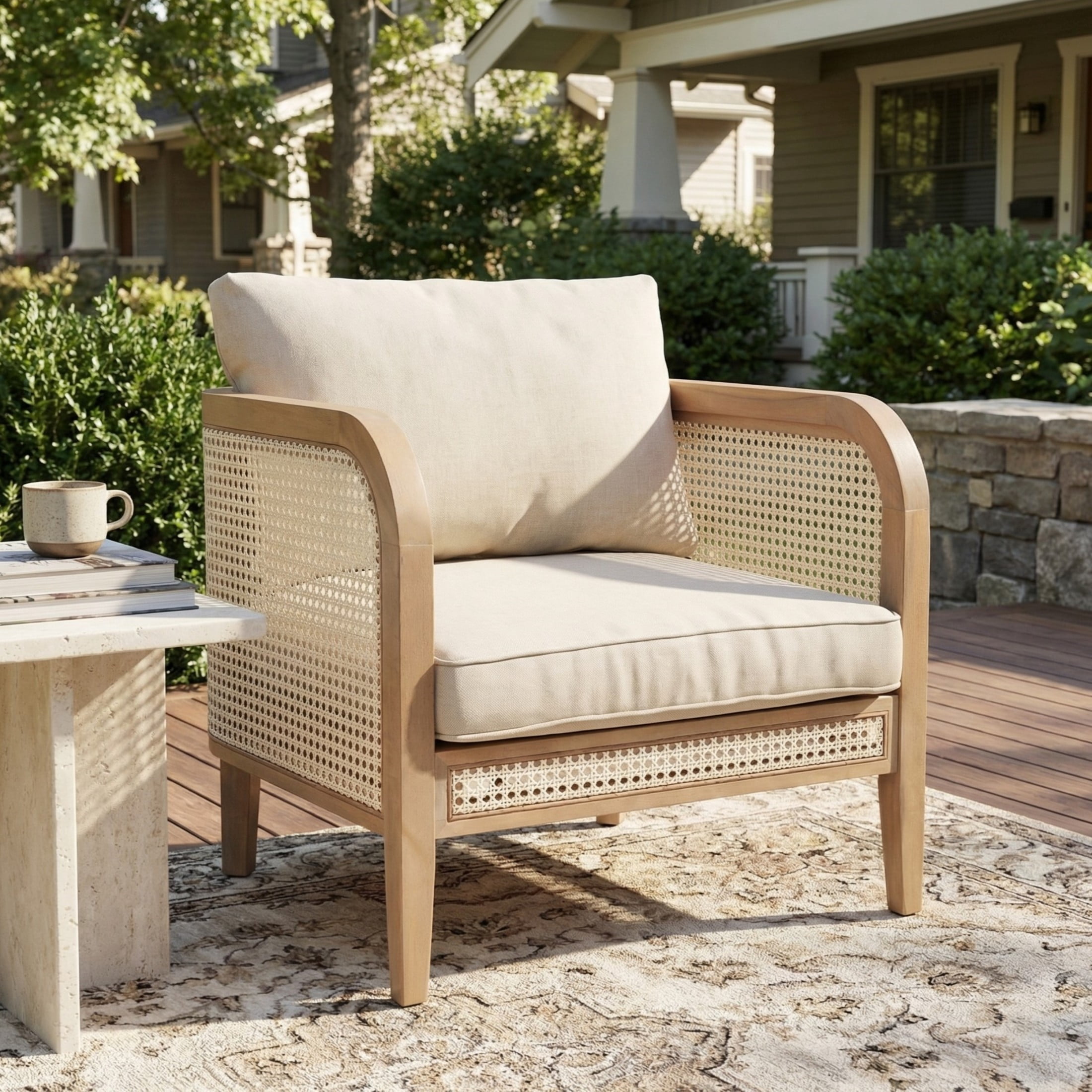 Christopher Knight Home Bohemian Outdoor White Wicker Lounge Chair with Cushion, Solid Wood Frame, Natural