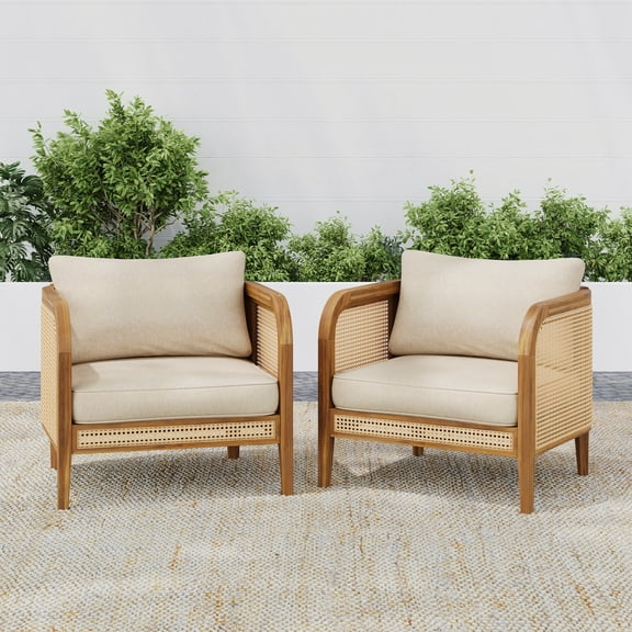 Christopher Knight Home Bohemian Outdoor Wicker Lounge Chair with Cushion, Solid Wood Frame, Beige, Set of 2
