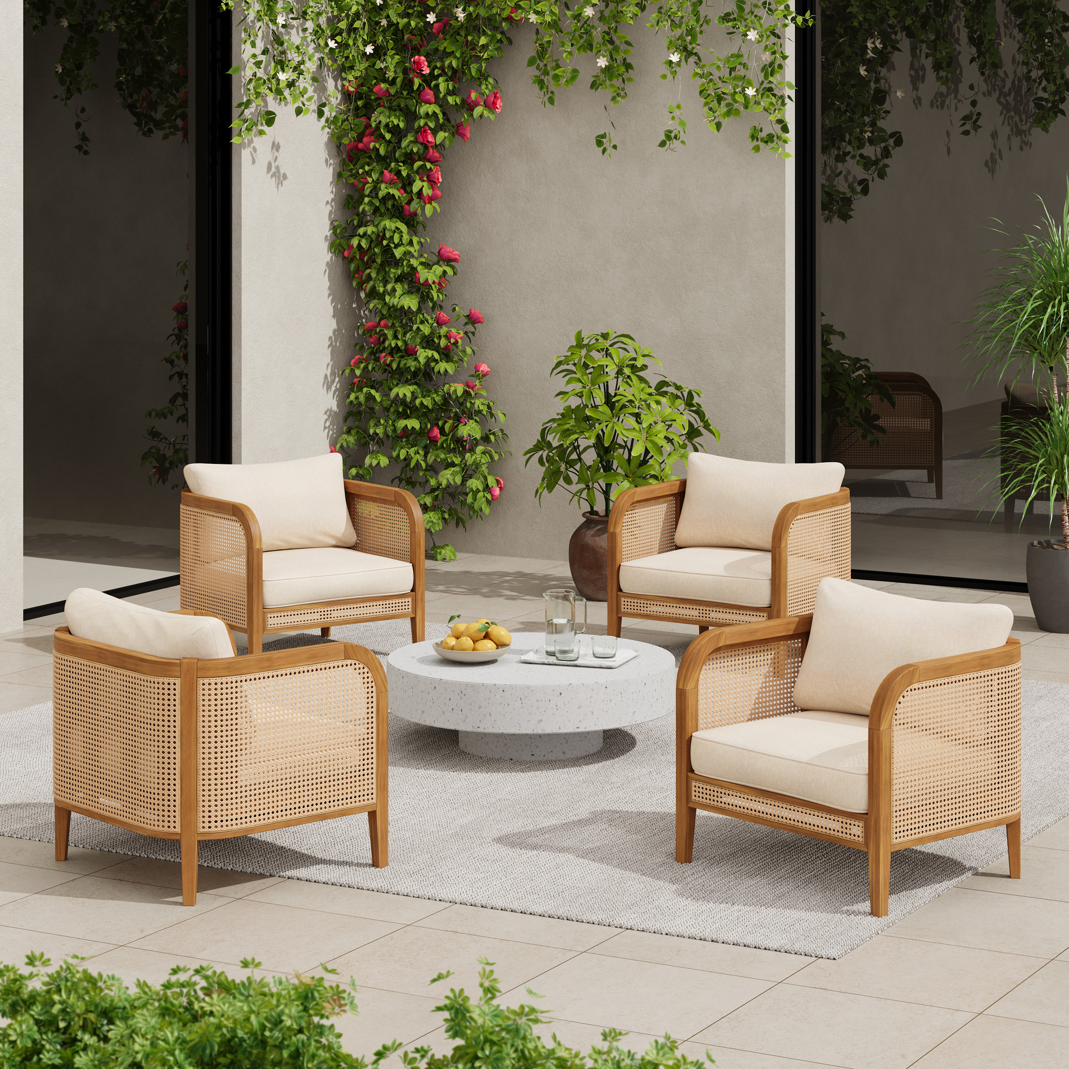 Christopher Knight Home Bohemian Outdoor Wicker Lounge Chair with Cushion, Solid Wood Frame, Beige, Set of 4