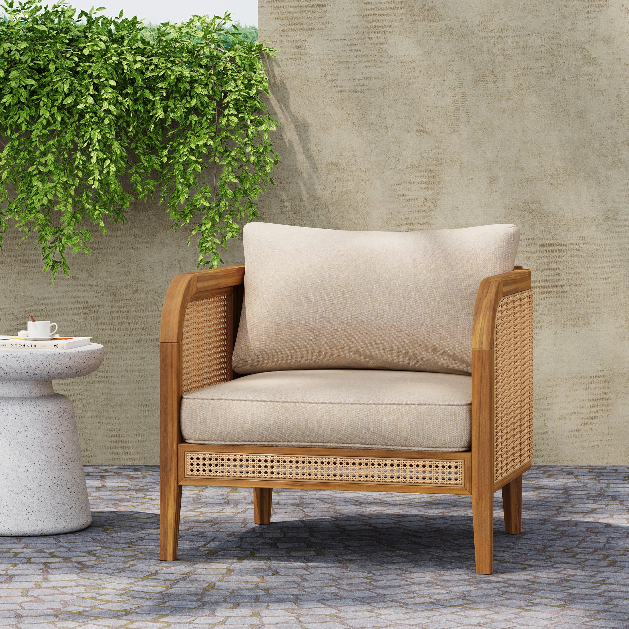 Christopher Knight Home Bohemian Outdoor Wicker Lounge Chair with Cushion, Solid Wood Frame, Beige