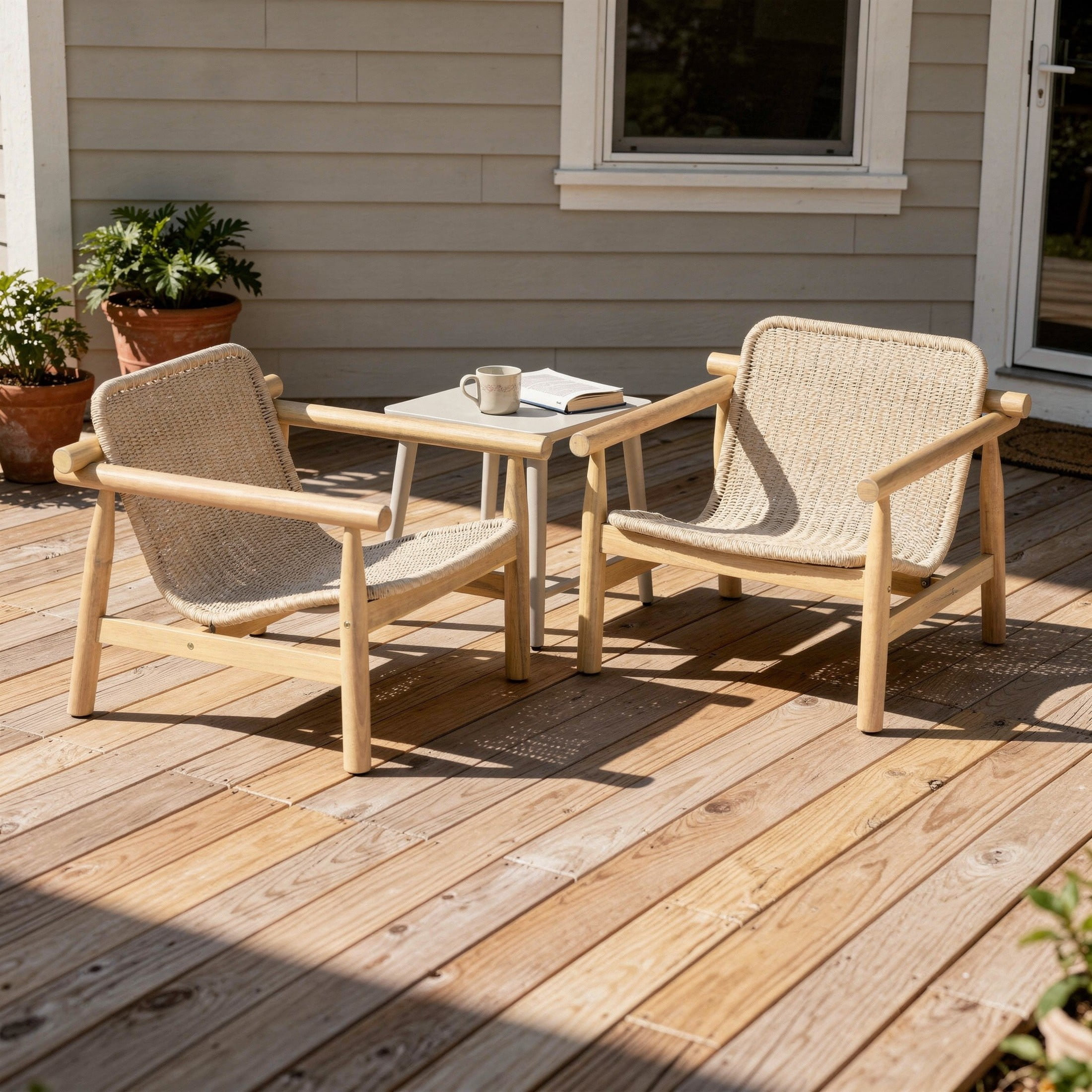 Christopher Knight Home Bohemian Patio Lounge Chair, Acacia Wood with Wicker Seat, Light Teak+Beige, Set of 2