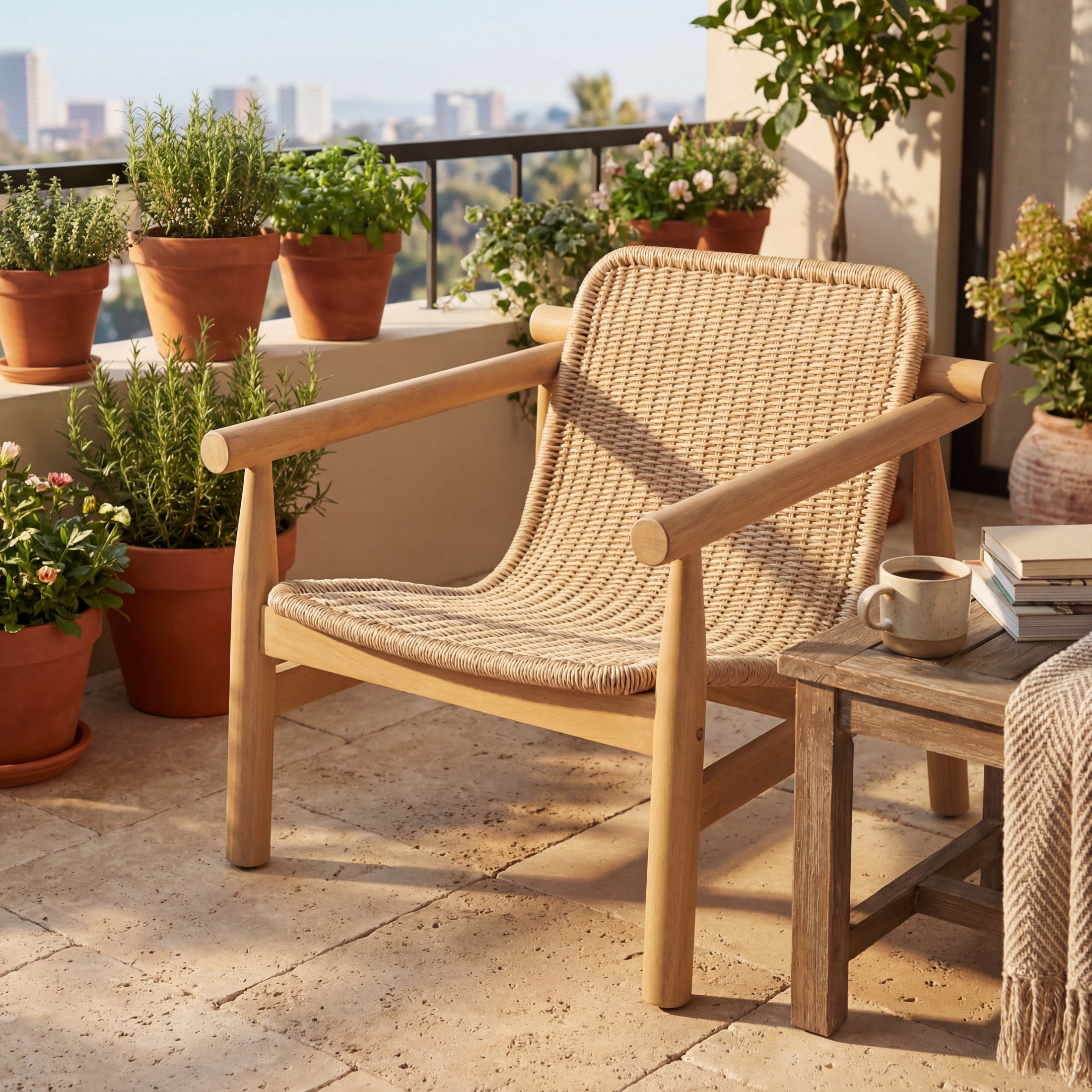 Christopher Knight Home Bohemian Patio Lounge Chair, Acacia Wood with Wicker Seat, Light Teak+Beige