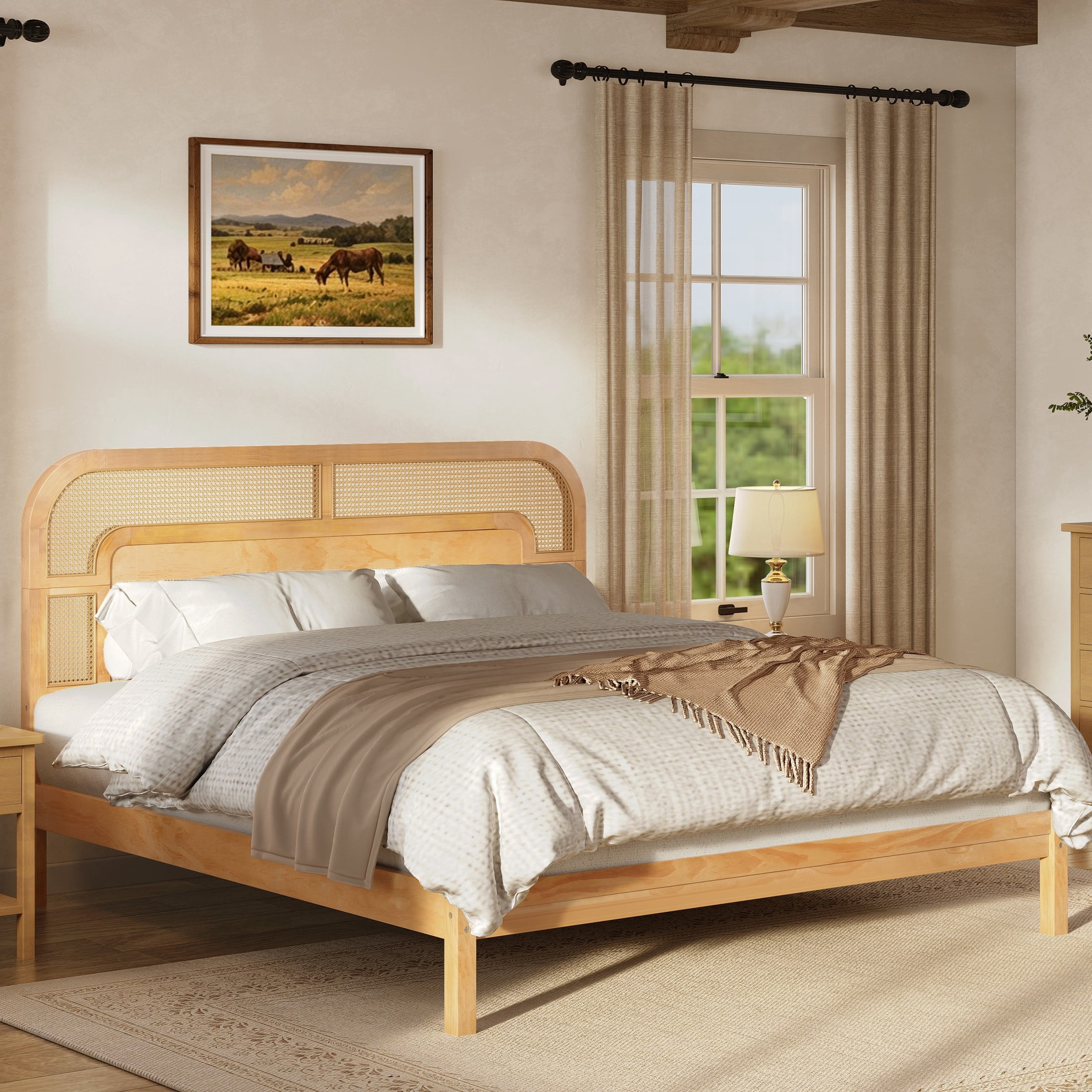 Christopher Knight Home Bohemian Queen Platform Bed with Rattan Headboard, Solid Wood Frame, Oak