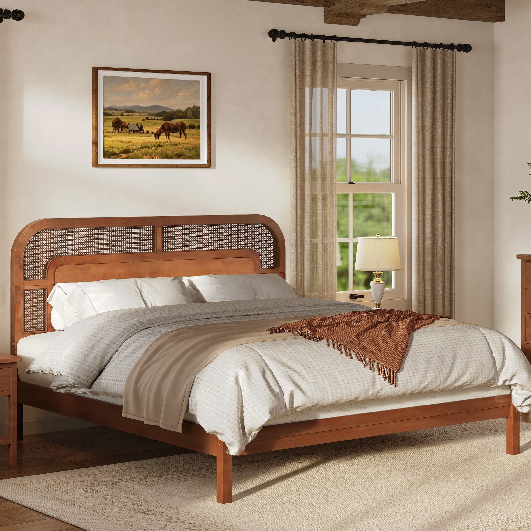 Christopher Knight Home Bohemian Queen Platform Bed with Rattan Headboard, Solid Wood Frame, Walnut