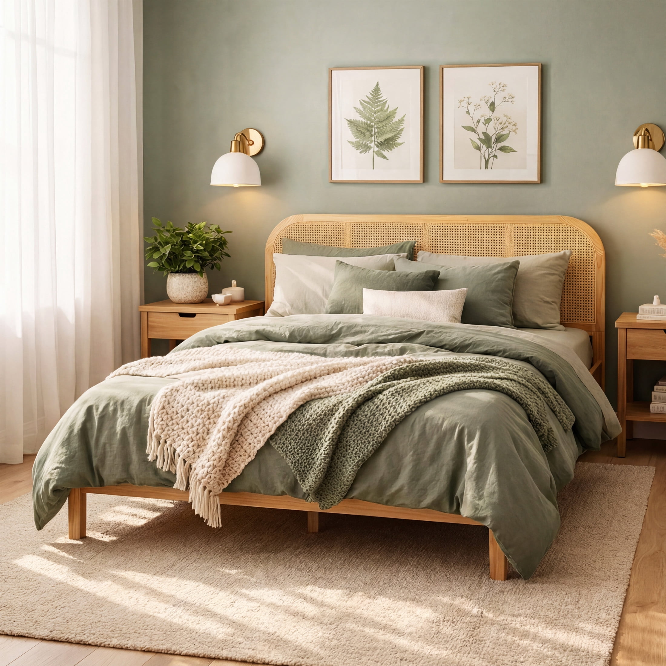 Christopher Knight Home Bohemian Queen Wood Platform Bed Frame with Rattan Headboard, Natural