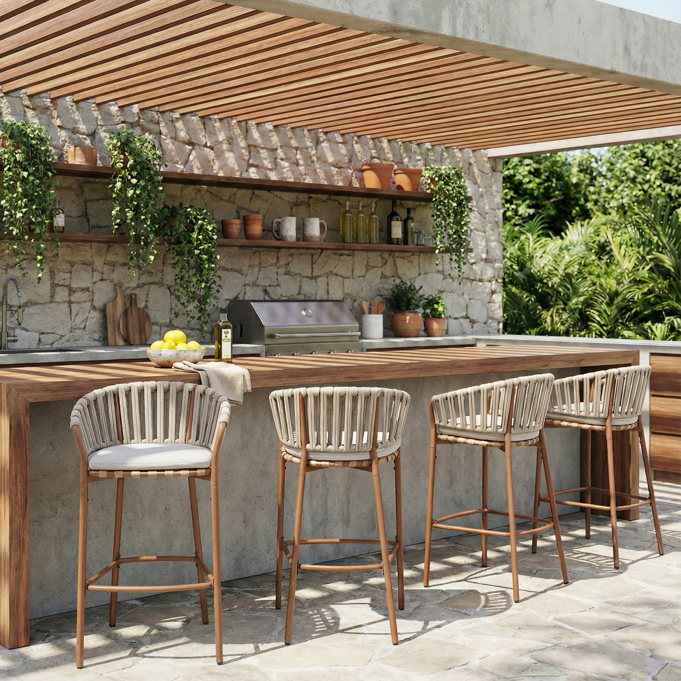 Christopher Knight Home Bohemian Rattan Outdoor Barstools with Fan-Shaped Backrest, Beige Cushions, Set of 4