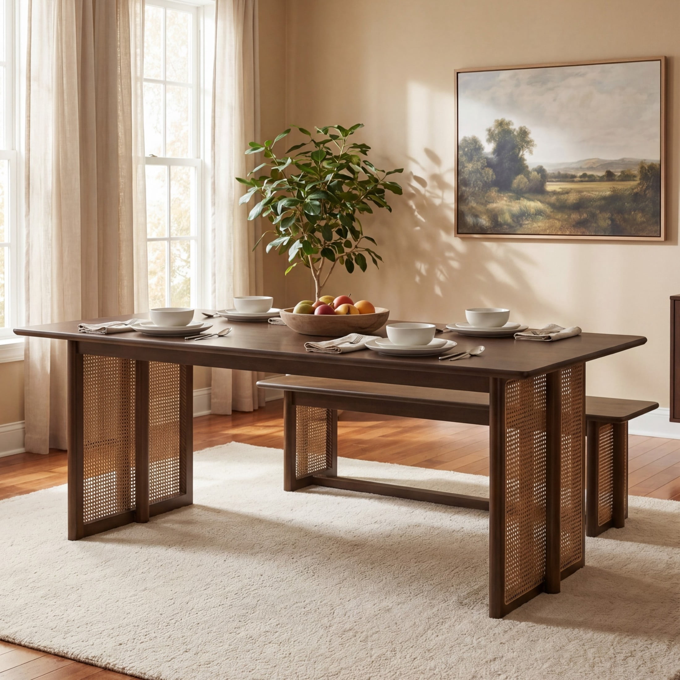 Christopher Knight Home Bohemian Rectangular Dining Table with Coffee Plastic Rattan Accents, Walnut
