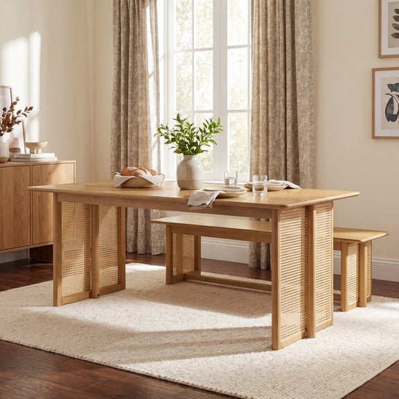 Christopher Knight Home Bohemian Rectangular Dining Table with Natural Plastic Rattan Accents, Natural