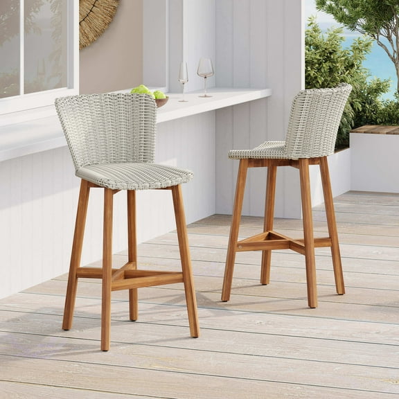 Christopher Knight Home Bohemian Wicker Bar Stools, Woven Rattan with Wood Frame, Light Grey, Set of 2
