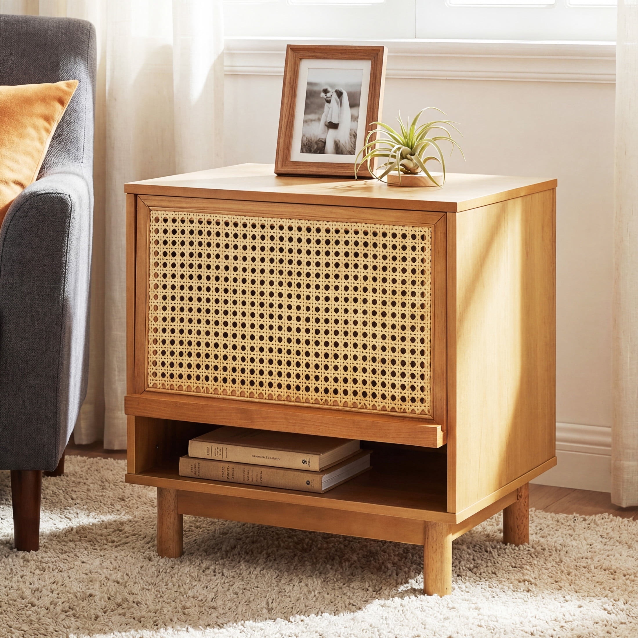Christopher Knight Home Bohemian Wood Nightstand, Bedside Table with Lift-Up Rattan Door, Natural