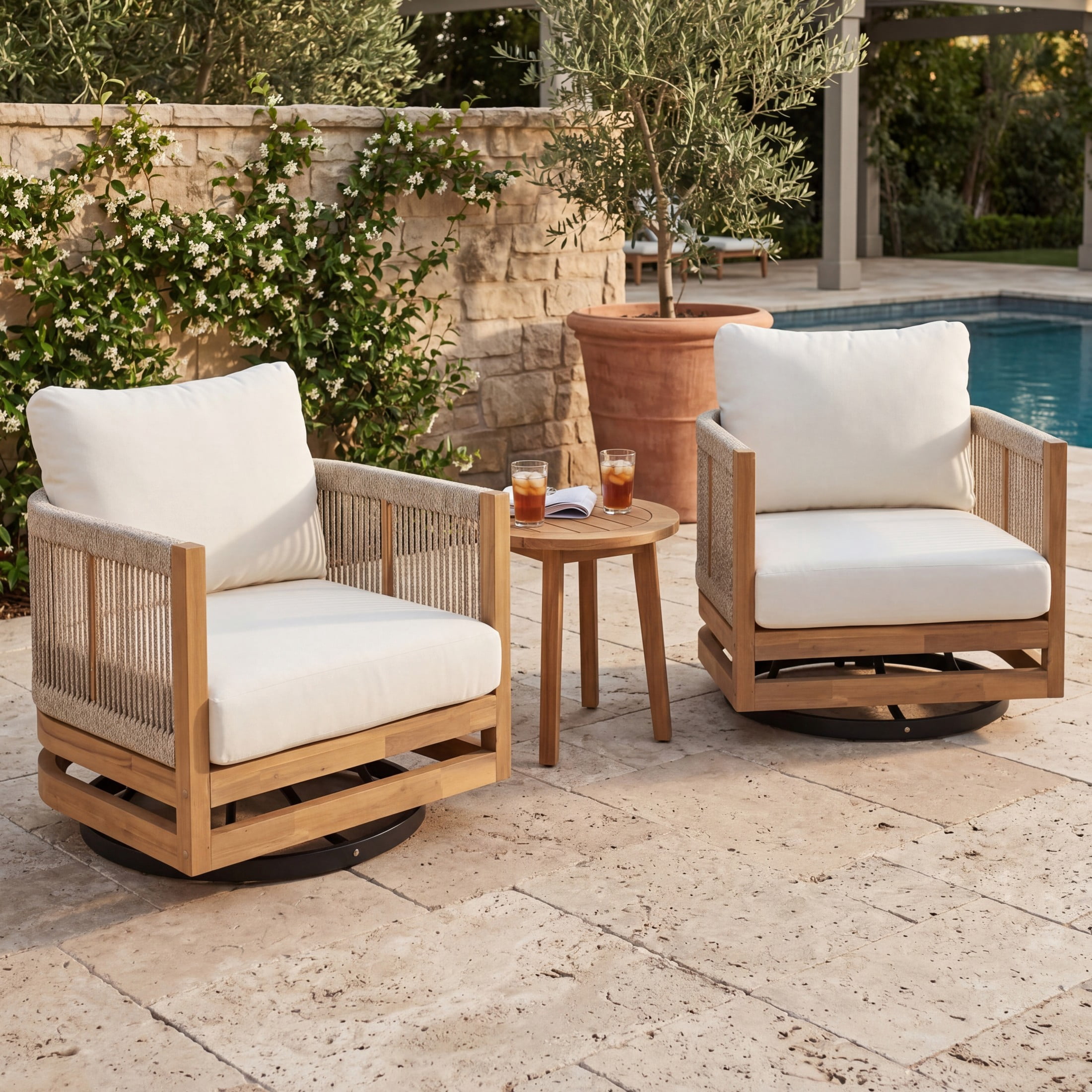 Christopher Knight Home Bohemian Wood Outdoor 360° Swivel Chair with Cushions and Rope Back, Beige, Set of 2