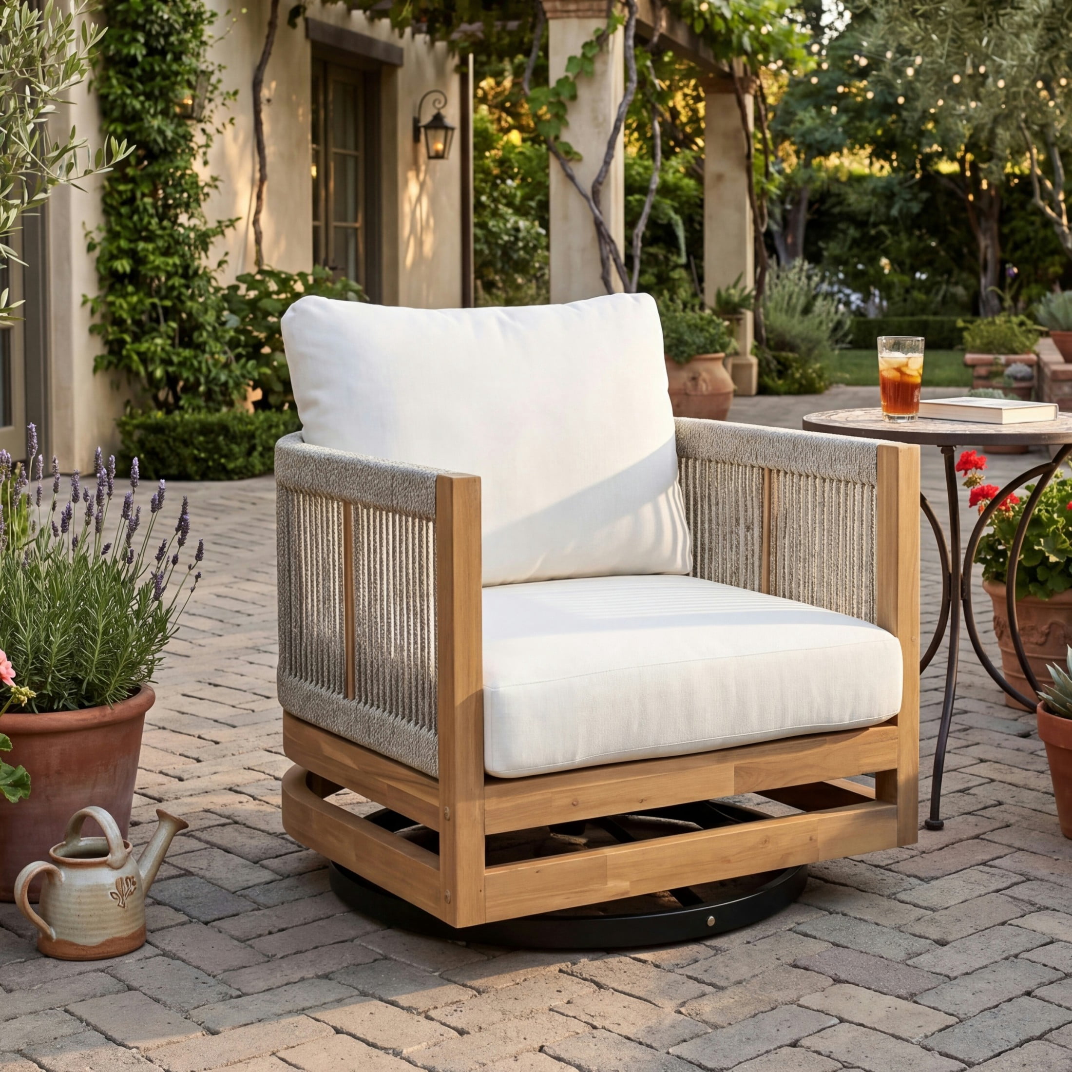 Christopher Knight Home Bohemian Wood Outdoor 360° Swivel Chair with Cushions and Rope Back, Beige