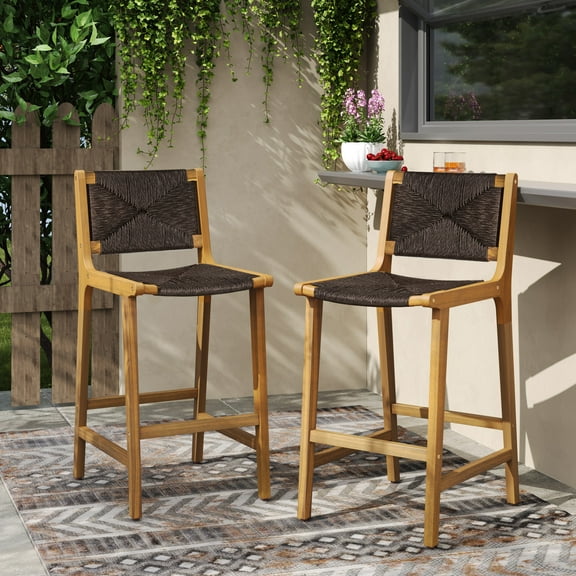 Christopher Knight Home Boho 28” Outdoor Wicker Barstools, Solid Wood Frame, Dark Brown, Set of 2