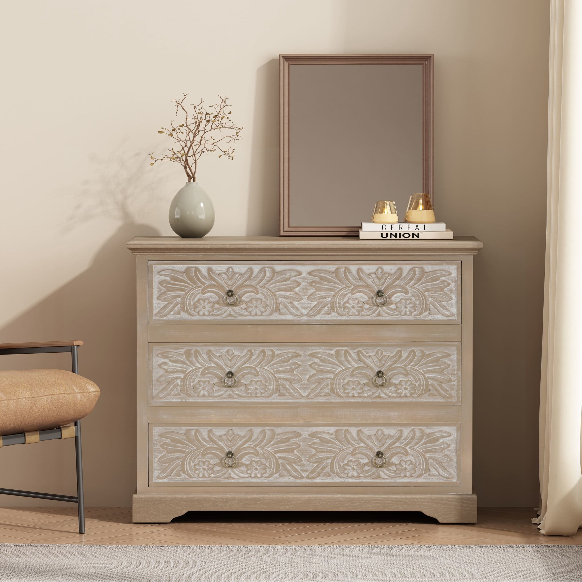 Christopher Knight Home Boho 3-Drawer Dresser with Carved Floral Front, Vintage Style, Light Ash & White