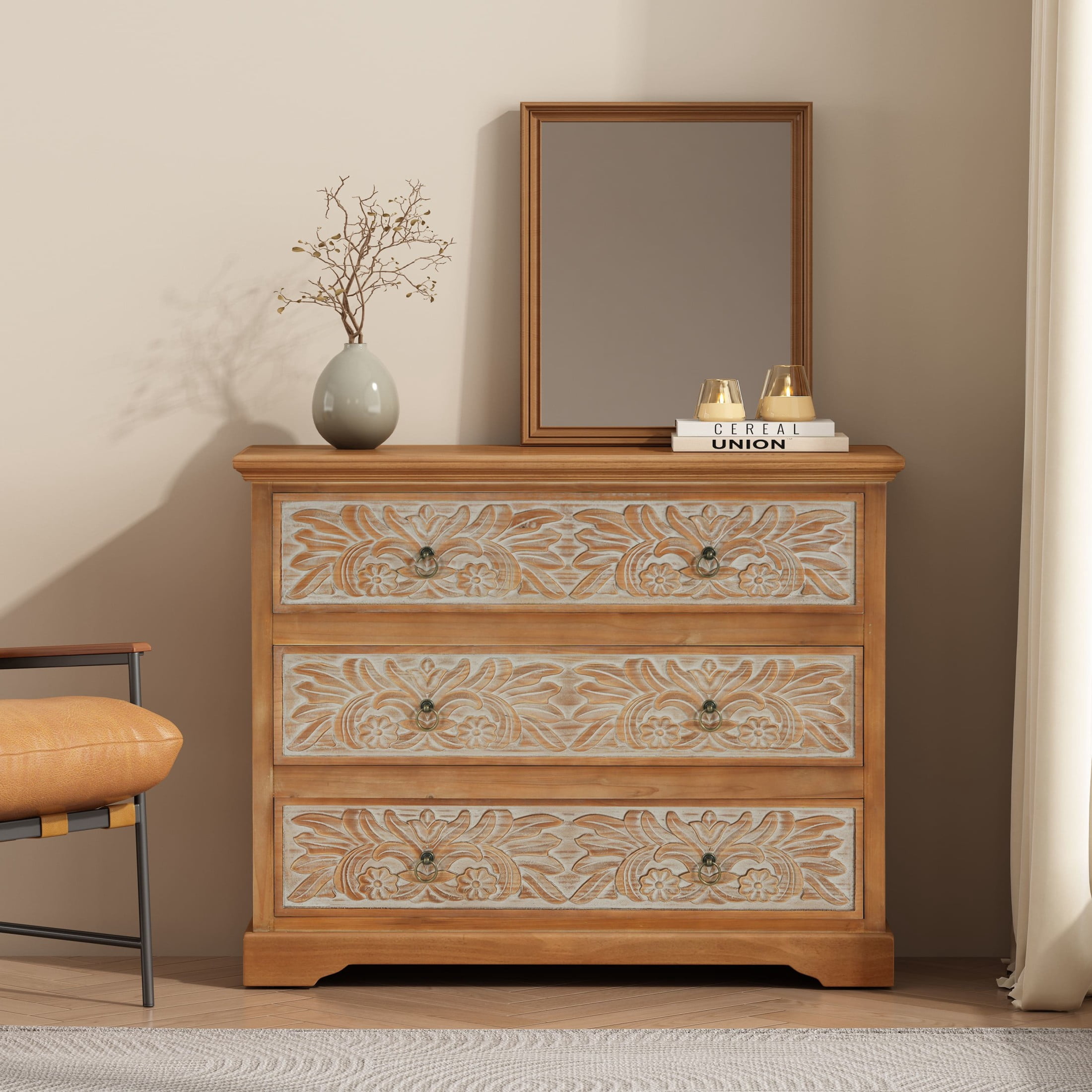 Christopher Knight Home Boho 3-Drawer Dresser with Carved Floral Front, Vintage Style, Natural & White
