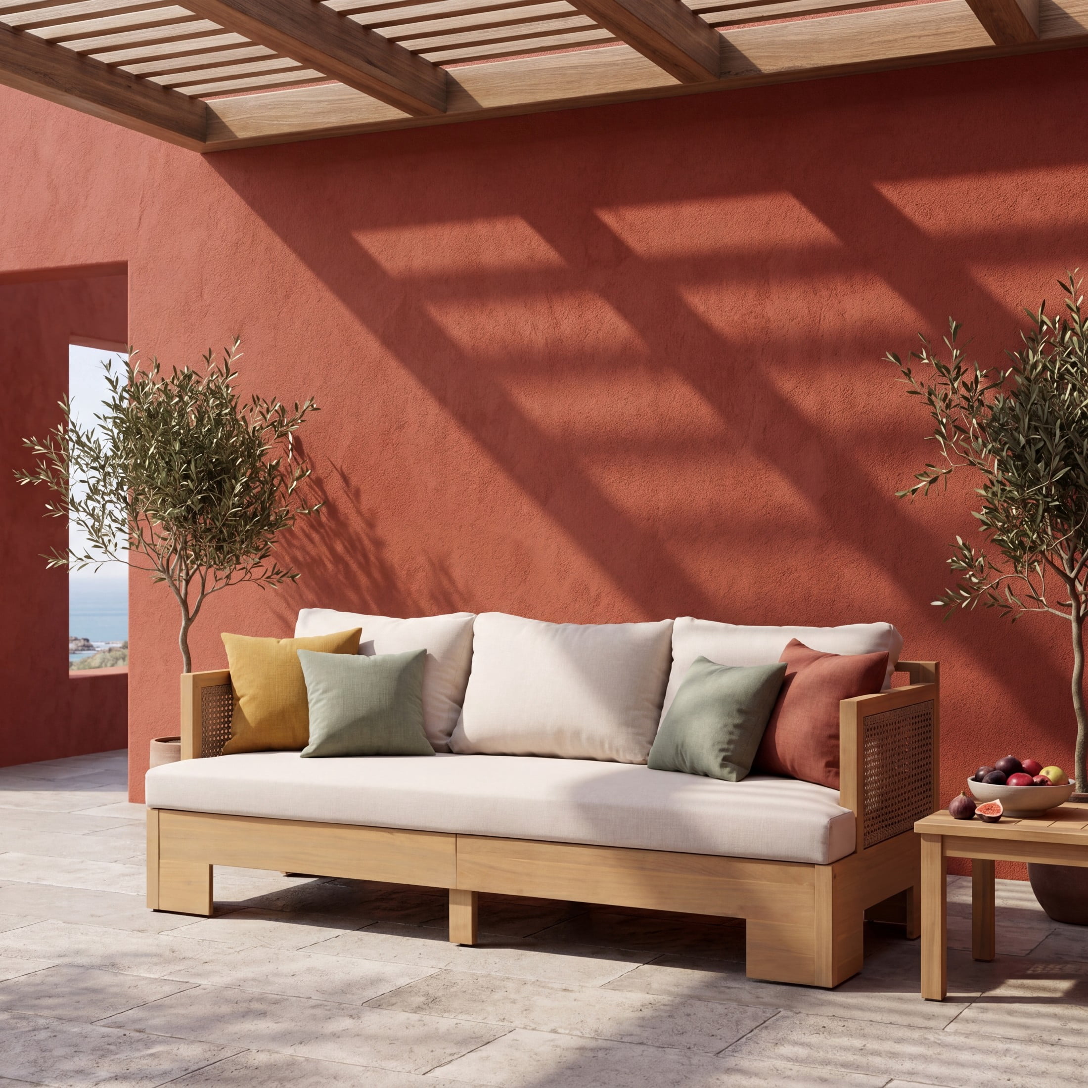 Christopher Knight Home Boho 3-Seater Outdoor Sofa, Acacia Wood Frame with Wicker Armrests, Light Teak+Beige