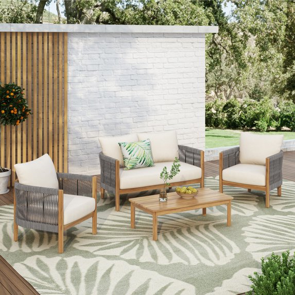 Christopher Knight Home Boho 4 Pieces Patio Conversation Set, Outdoor Rattan Rope-Woven Sofa Set, Grey+Beige