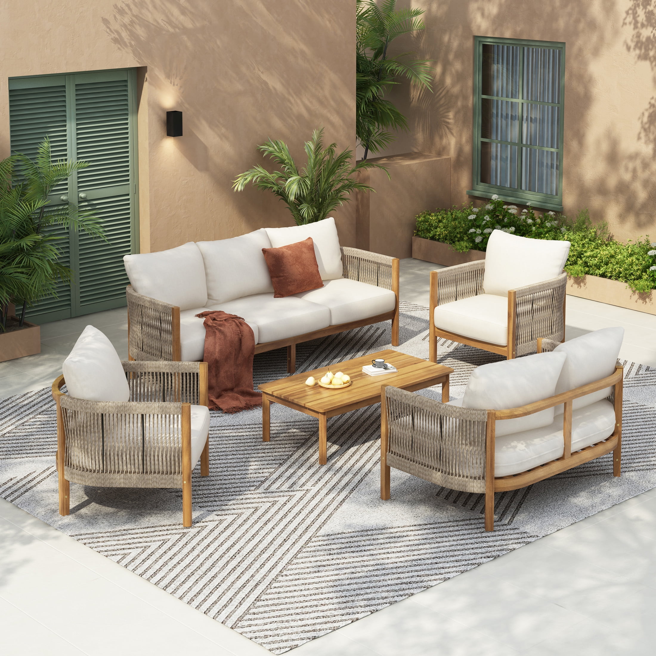 Christopher Knight Home Boho 5 Pieces Patio Conversation Set, Outdoor Rattan Rope-Woven Sofa Set, Beige