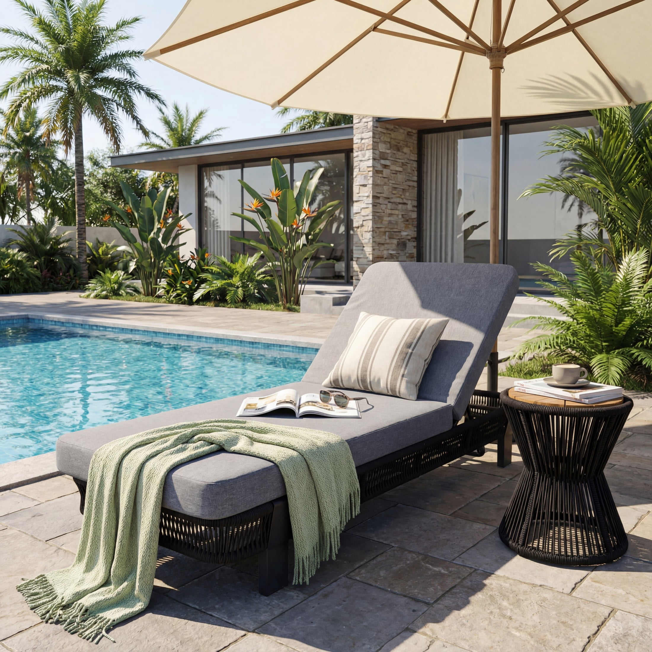 Christopher Knight Home Boho Adjustable Outdoor Chaise Lounge with Cushion, Metal and Rope Frame, Gray+Black