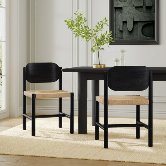 Christopher Knight Home Boho Dining Chairs, Rope Seat with Solid Wood Legs, Black, Set of 2