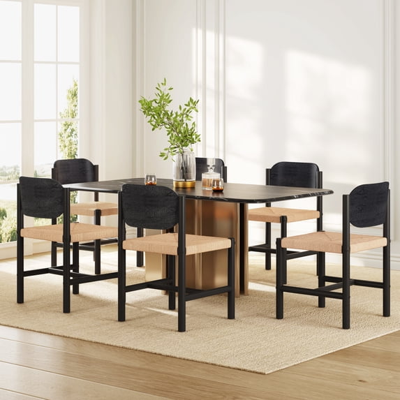 Christopher Knight Home Boho Dining Chairs, Rope Seat with Solid Wood Legs, Black, Set of 6