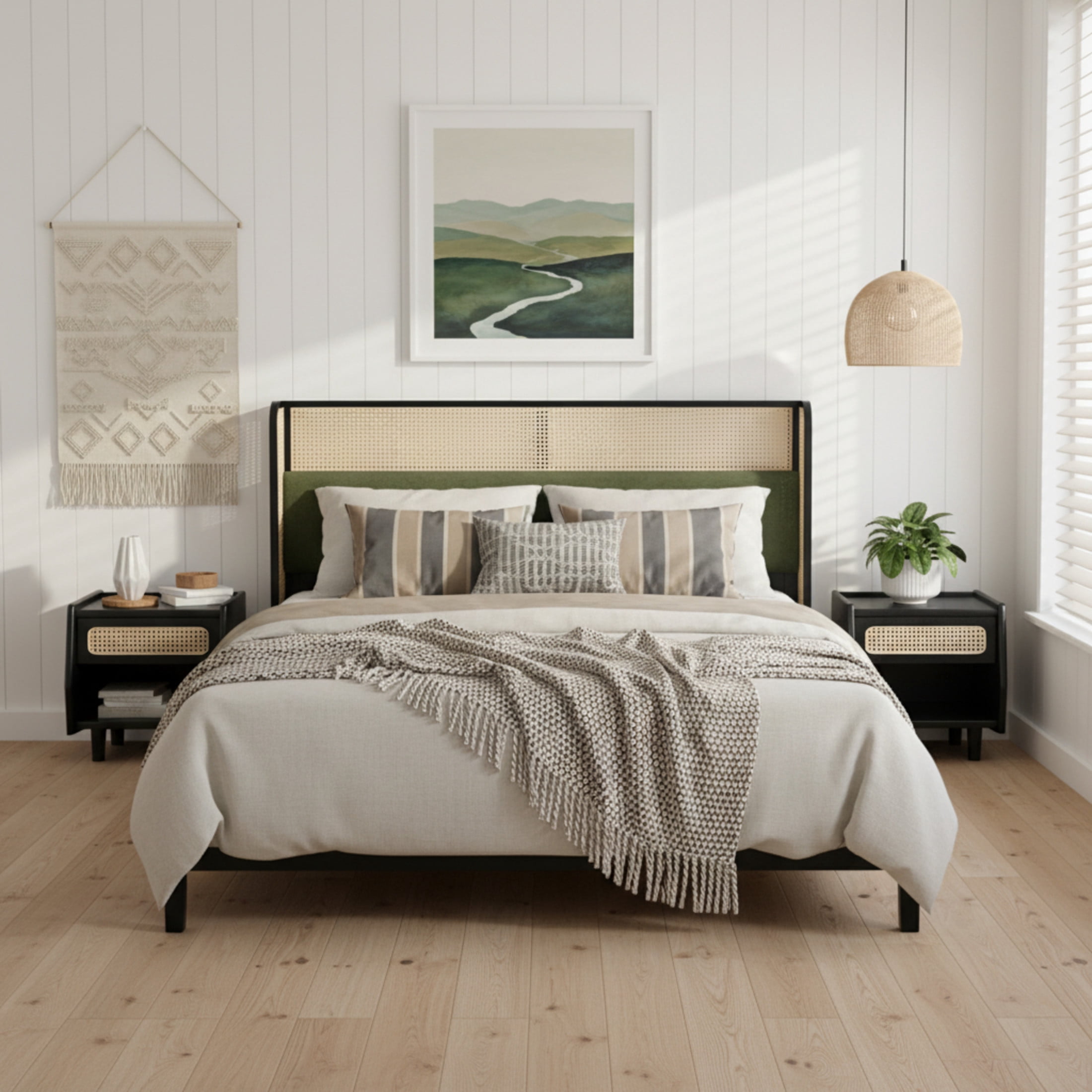 Christopher Knight Home Boho King Bed Frame and Nightstand Set, Green Upholstered Headboard, Black