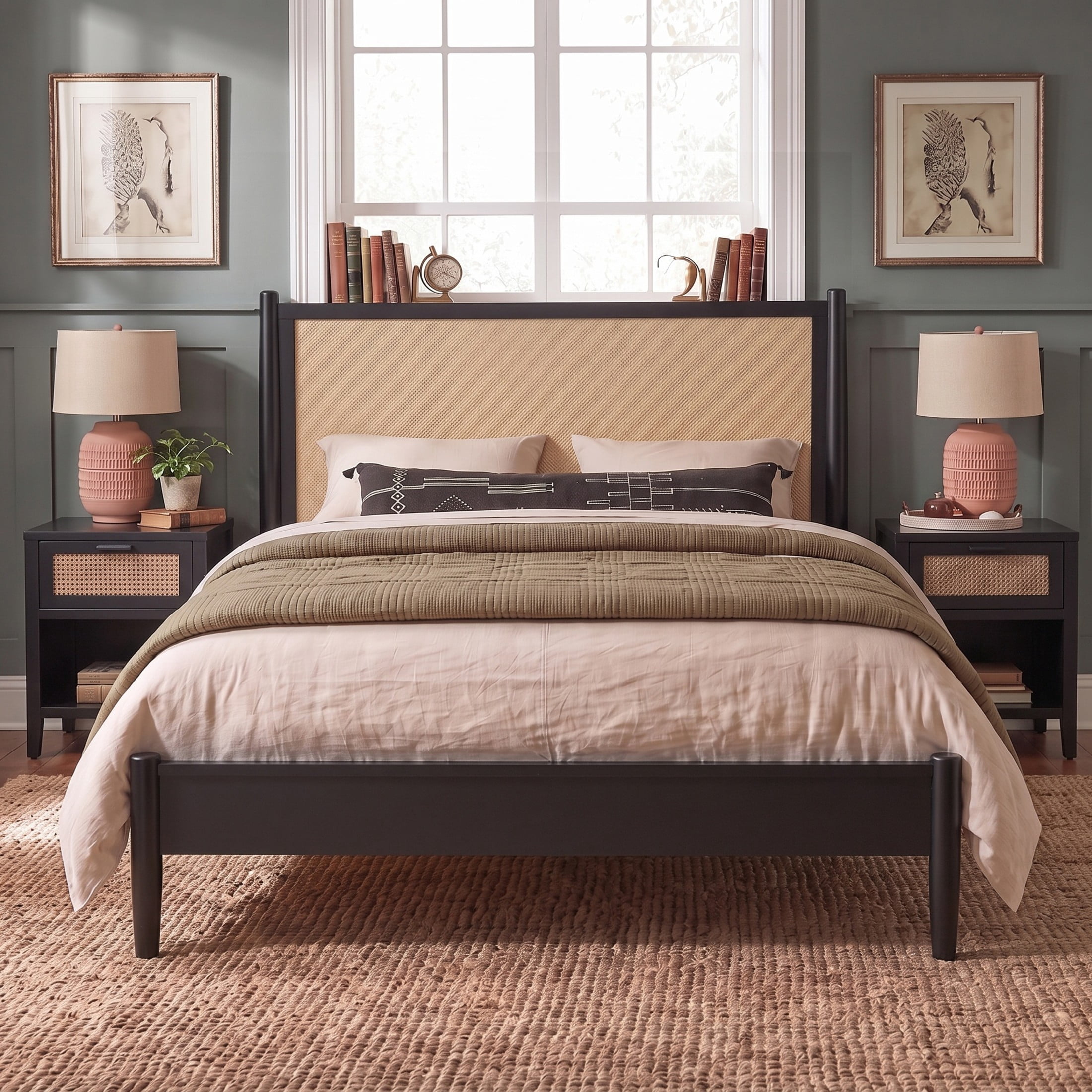Christopher Knight Home Boho King Platform Bed Frame with Rattan Headboard, Wood Slat Support, Black