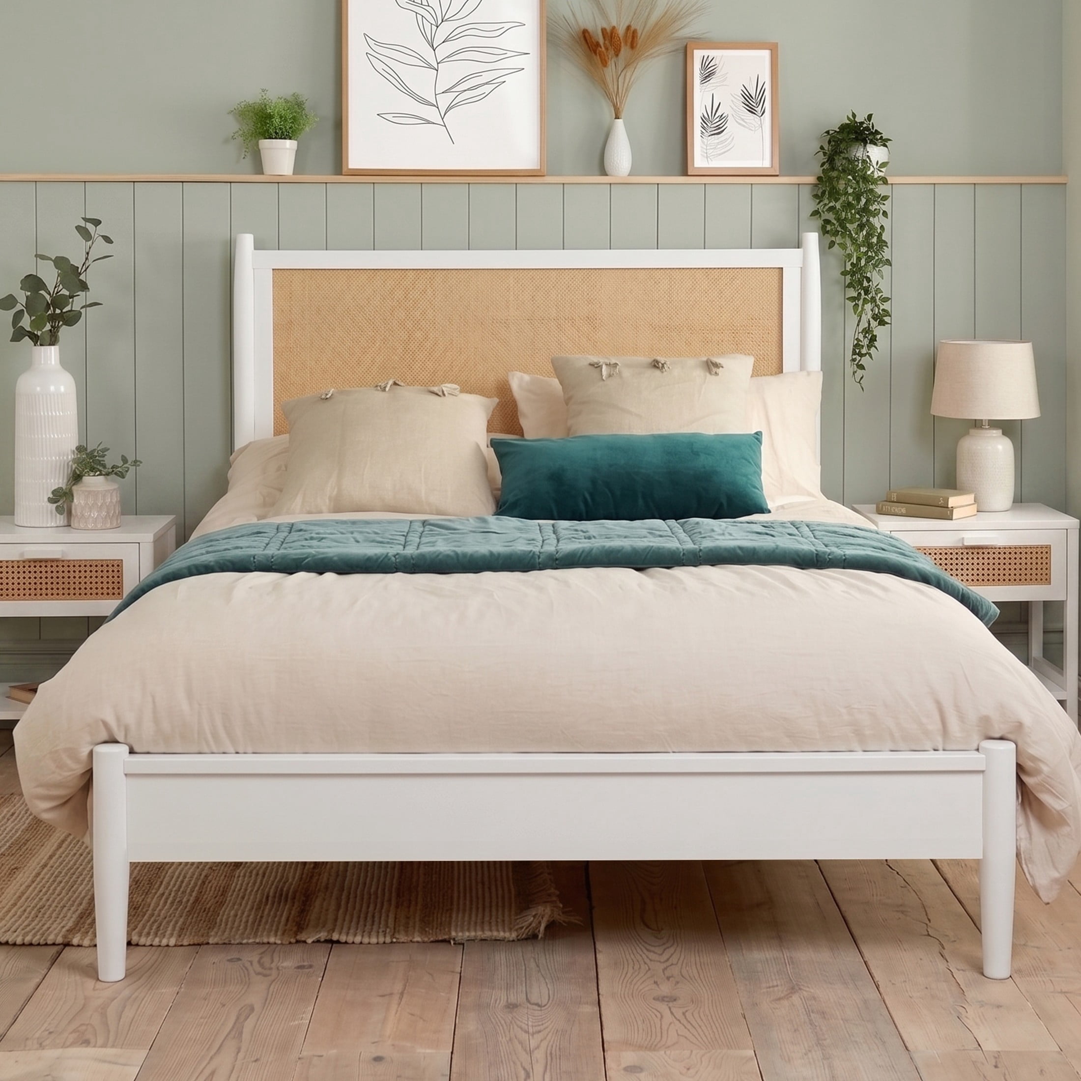 Christopher Knight Home Boho King Platform Bed Frame with Rattan Headboard, Wood Slat Support, White