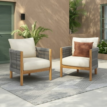Christopher Knight Home Boho Outdoor Club Chair with Cushions, Handwoven Rope Armchair, Solid Wood, Teak+Beige+Grey, Set of 2