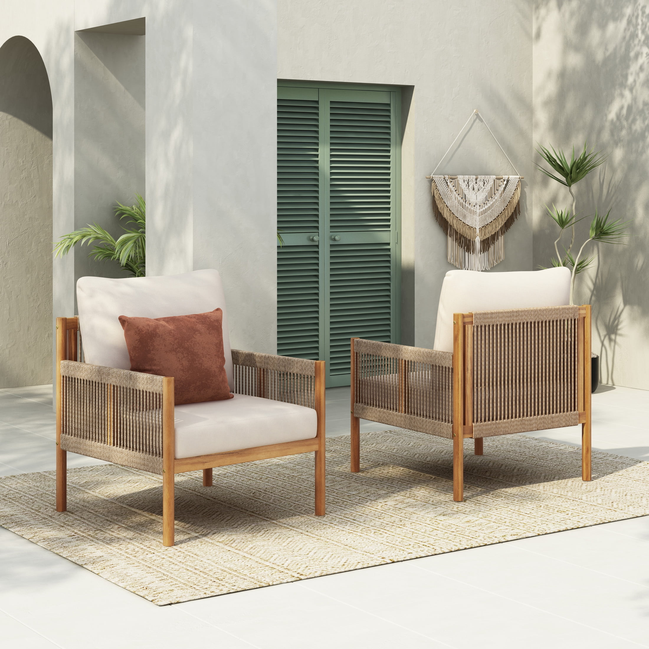 Christopher Knight Home Boho Outdoor Lounge Chair, Rope Accent, Solid Wood Frame, Beige Cushion, Set of 2