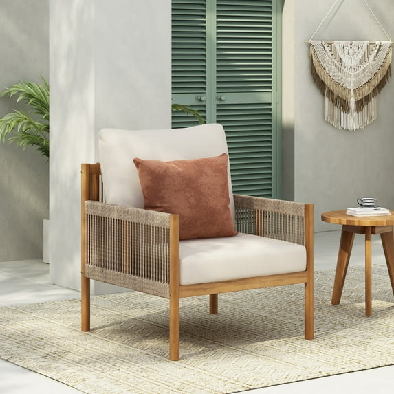 Christopher Knight Home Boho Outdoor Lounge Chair, Rope Accent, Solid Wood Frame, Beige Cushion