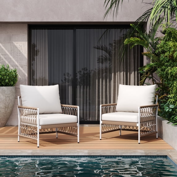 Christopher Knight Home Boho Outdoor Lounge Chairs with Handwoven Rope, Steel Frame, Beige and Natural, Set of 2