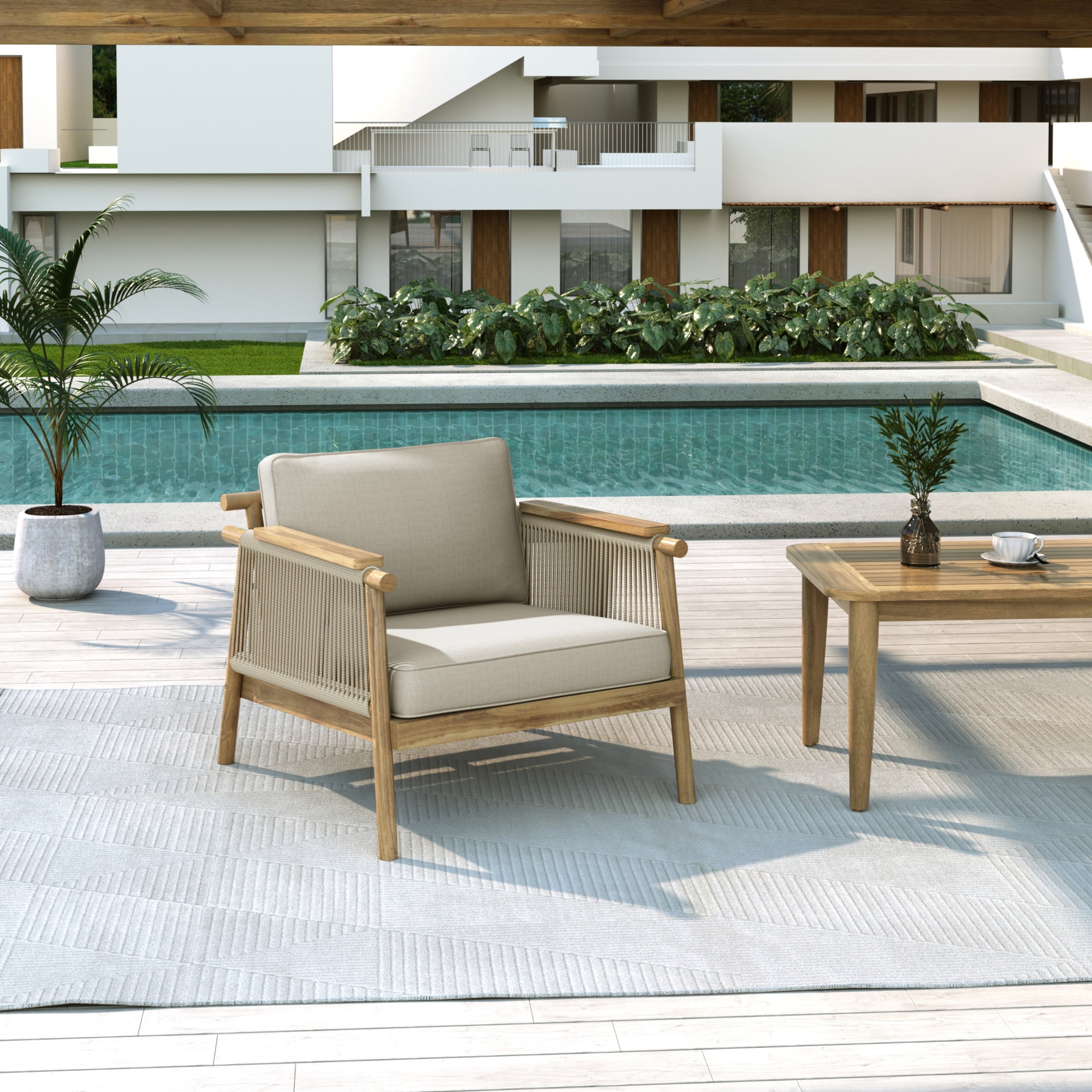 Christopher Knight Home Boho Outdoor Rope Club Chair with Cushion, Solid Wood Frame, Teak+ Beige