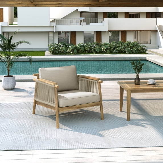 Christopher Knight Home Boho Outdoor Rope Club Chair with Cushion, Solid Wood Frame, Teak+ Beige