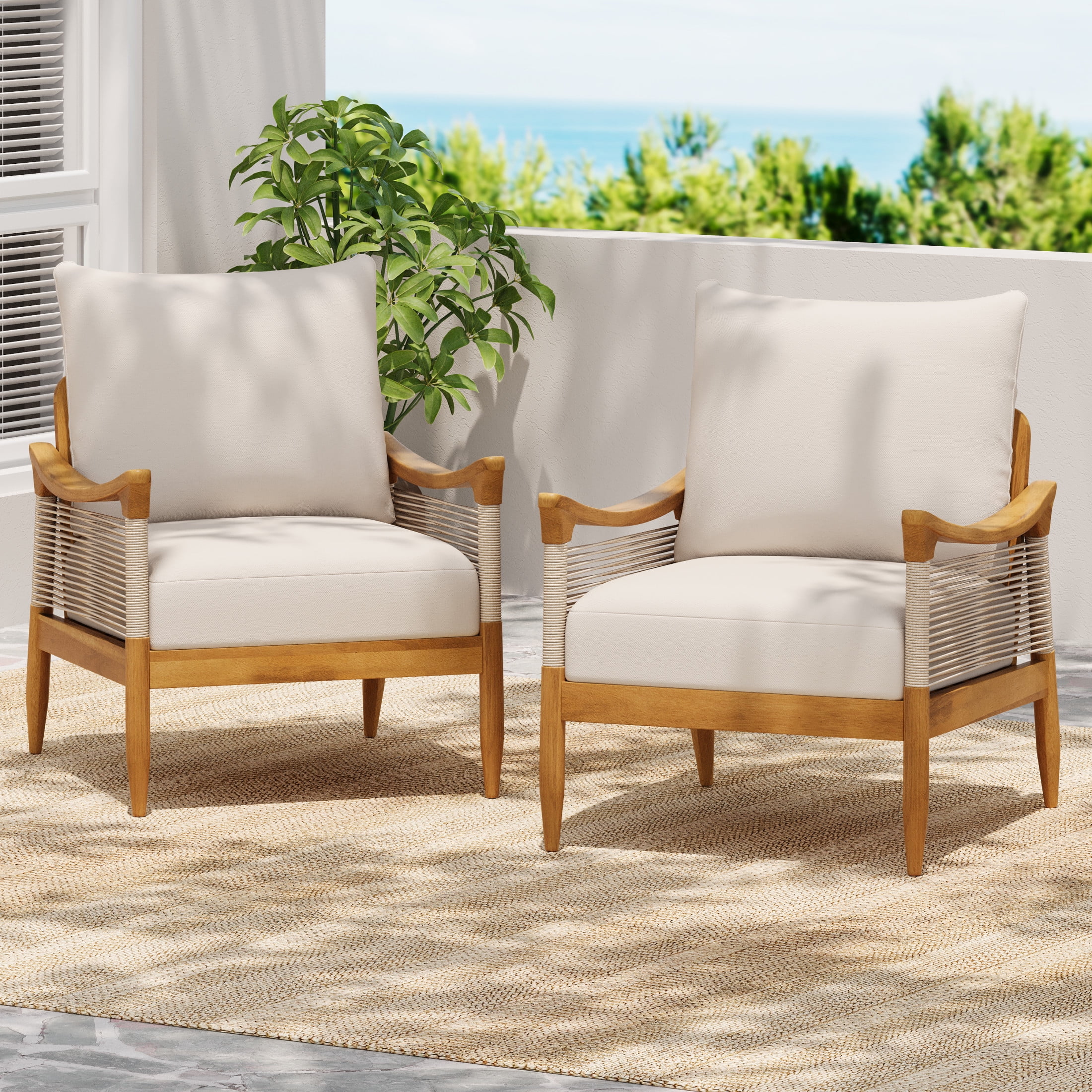 Christopher Knight Home Boho Outdoor Rope Lounge Chair with Thick Cushion, Solid Wood, Teak+Beige, Set of 2