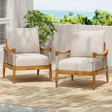 Christopher Knight Home Boho Outdoor Rope Lounge Chair with Thick Cushion, Solid Wood, Teak+Beige, Set of 2