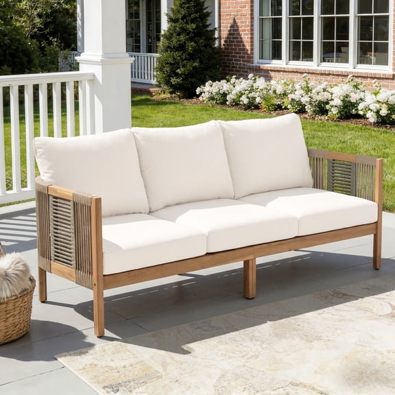 Christopher Knight Home Boho Outdoor Wood 3-Seater Sofa with Cushions and Rope Accents, Teak+Beige