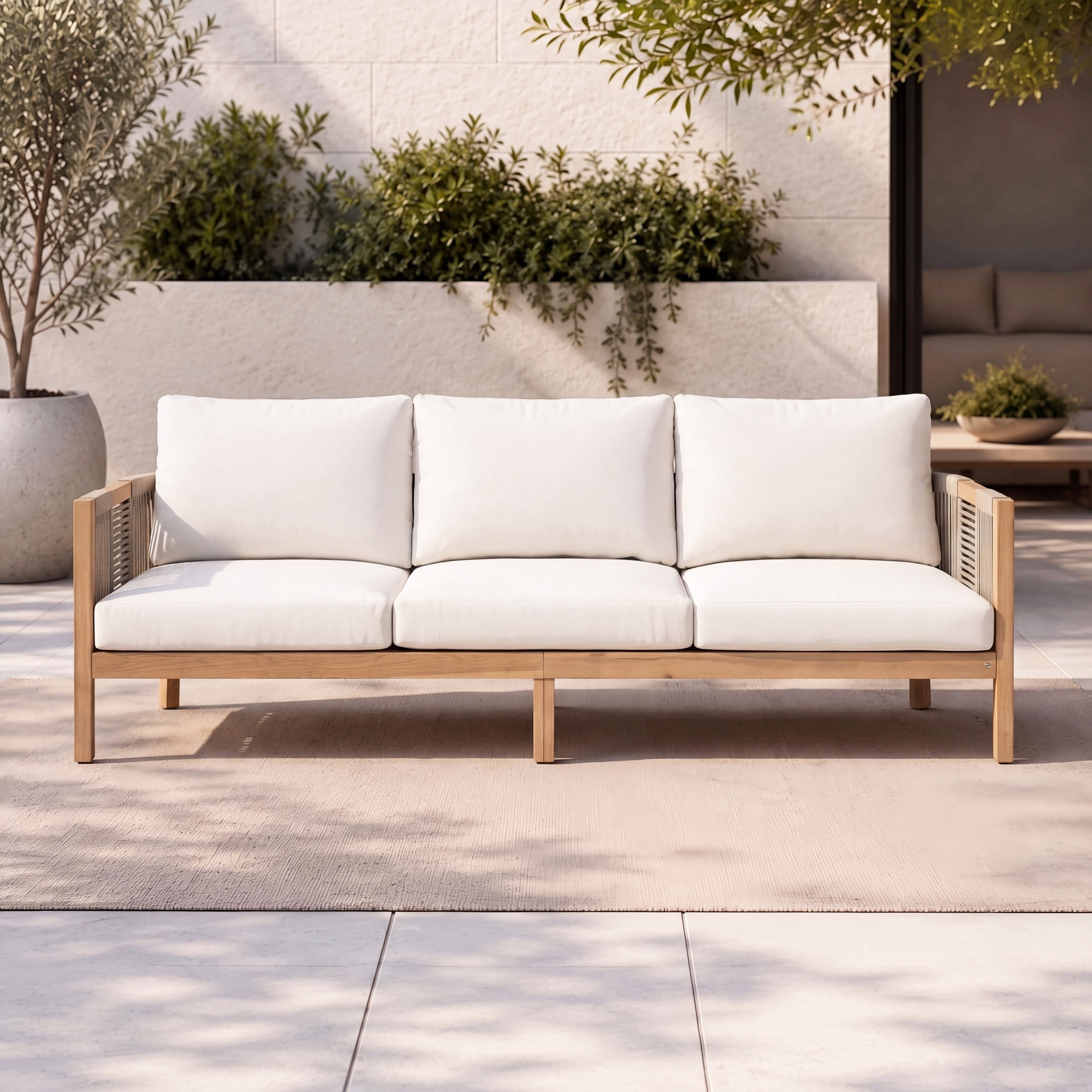 Christopher Knight Home Boho Outdoor Wood 3-Seater Sofa with Cushions and Rope Accents, Teak+Beige
