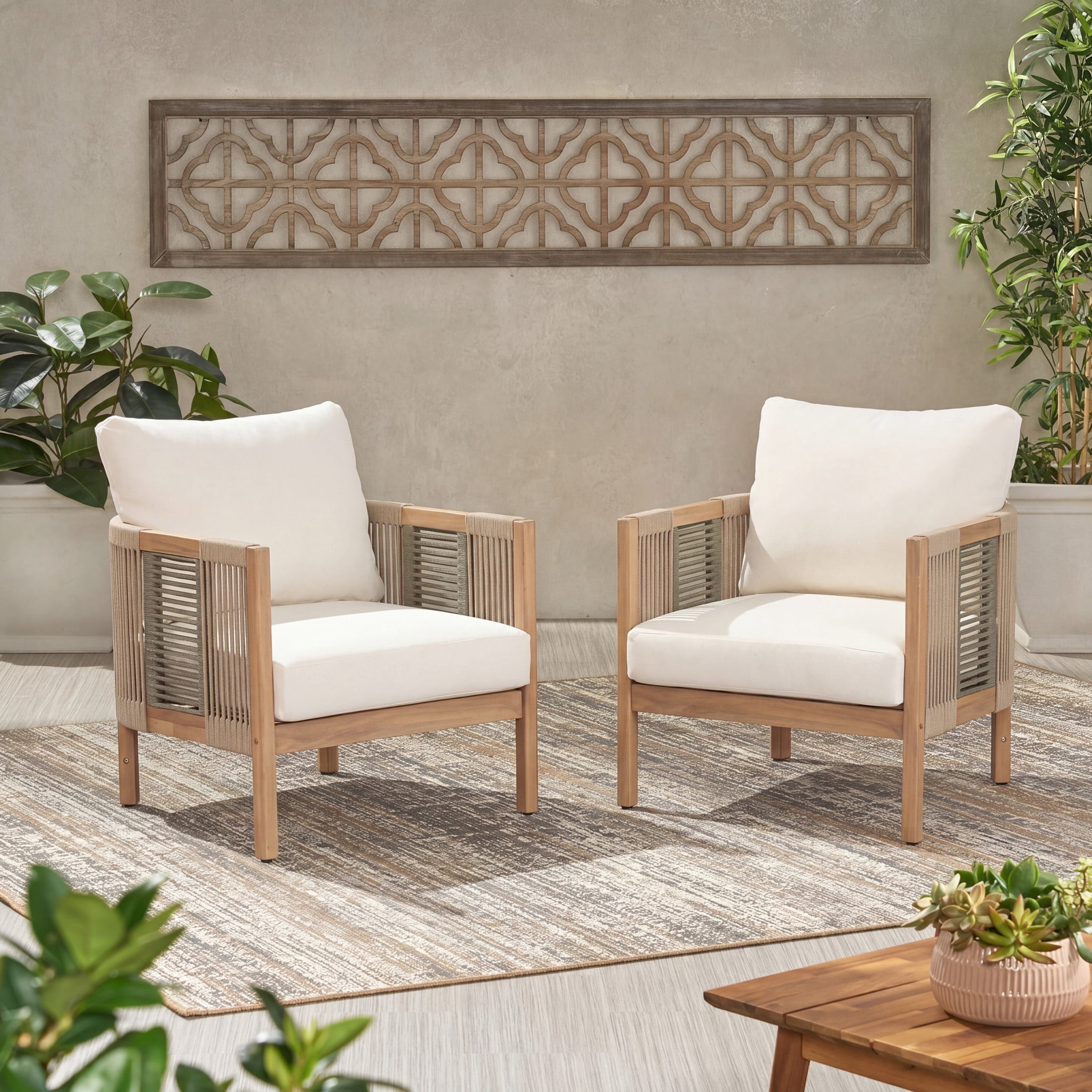 Christopher Knight Home Boho Outdoor Wood Club Chairs with Cushions and Rope Accents, Teak+Beige, Set of 2