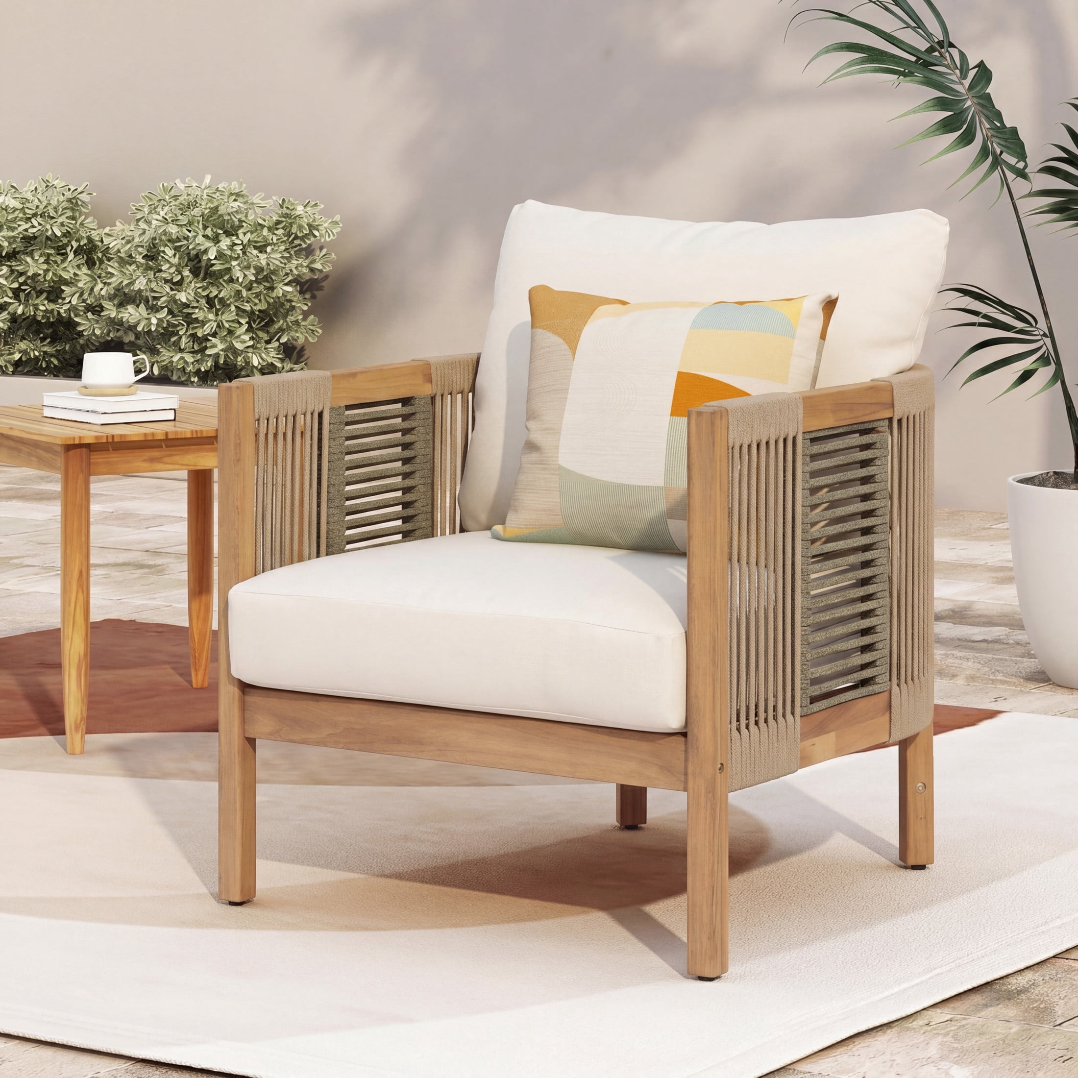 Christopher Knight Home Boho Outdoor Wood Club Chairs with Cushions and Rope Accents, Teak+Beige