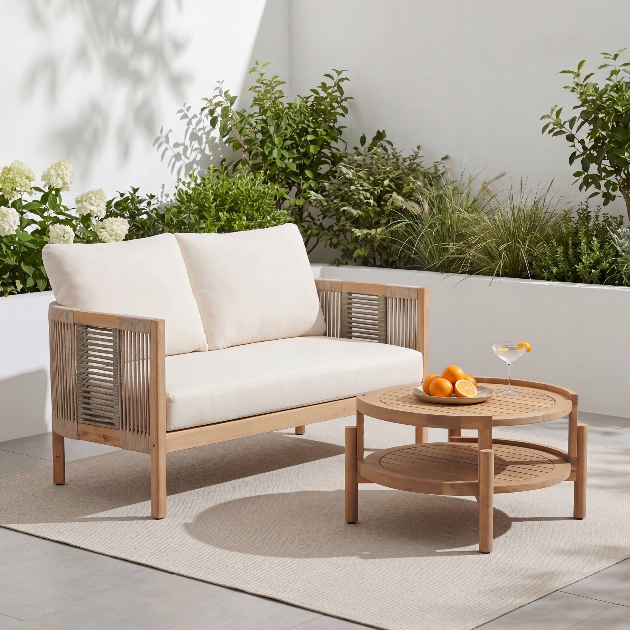 Christopher Knight Home Boho Outdoor Wood Loveseat and Coffee Table Set with Rope Accents, Teak+Beige