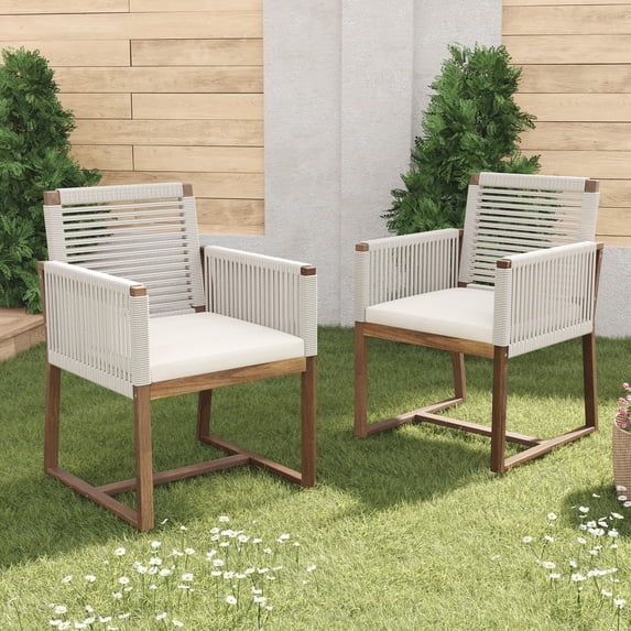 Christopher Knight Home Boho Outdoor Woven Rope Armchairs, Solid Wood, Handwoven, White, Set of 2