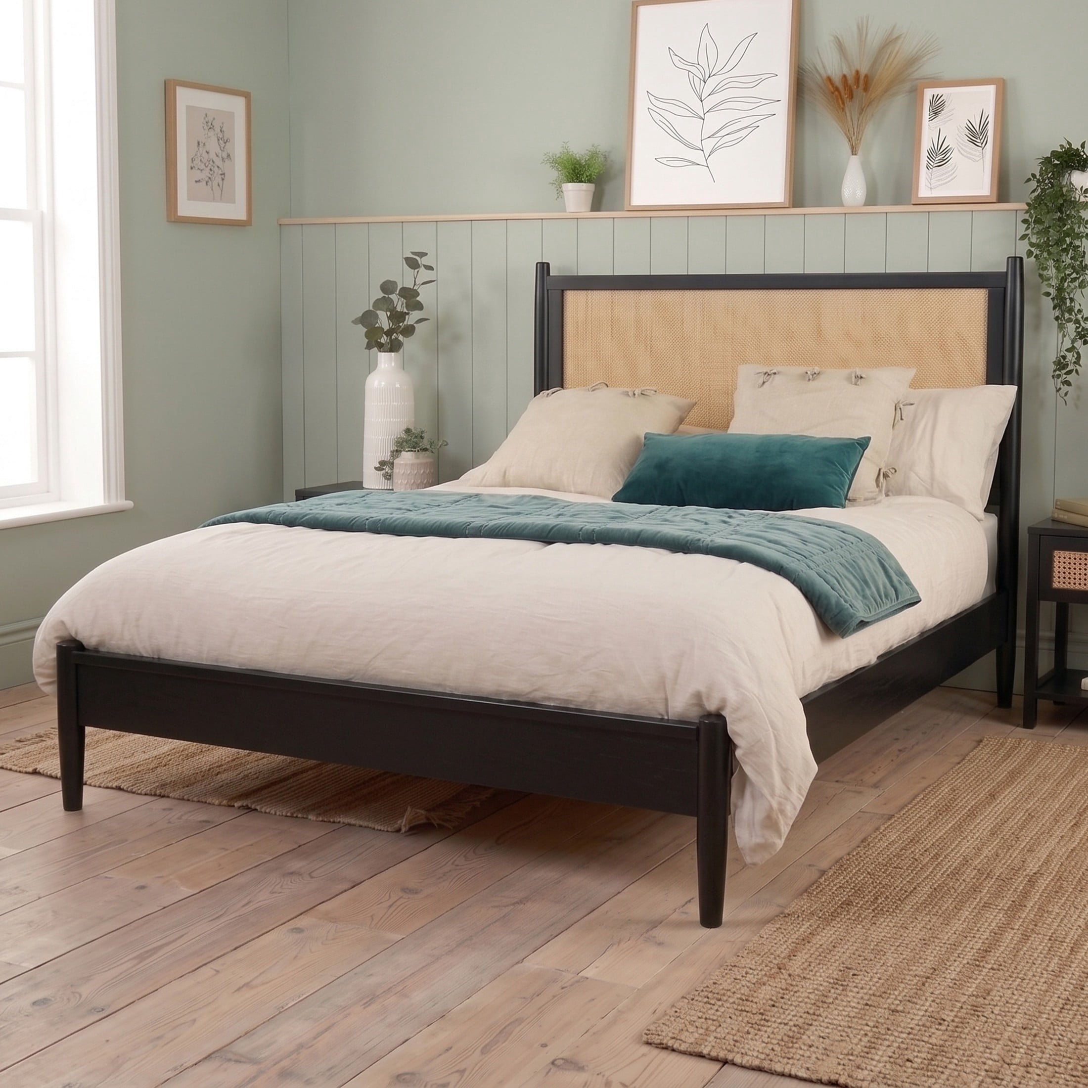 Christopher Knight Home Boho Queen Platform Bed Frame with Rattan Headboard, Wood Slat Support, Black