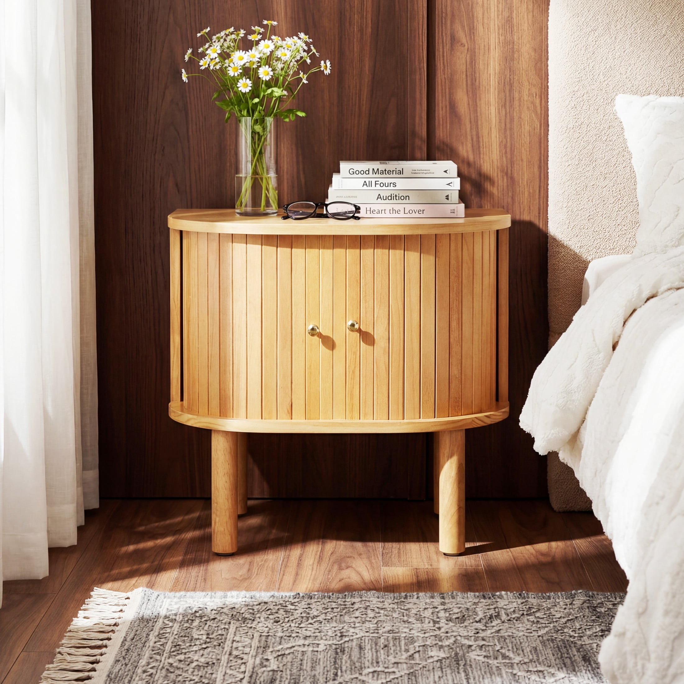 Christopher Knight Home Boho Semi-Cylindrical Nightstand with Sliding Doors, Storage Bedside Table, Natural