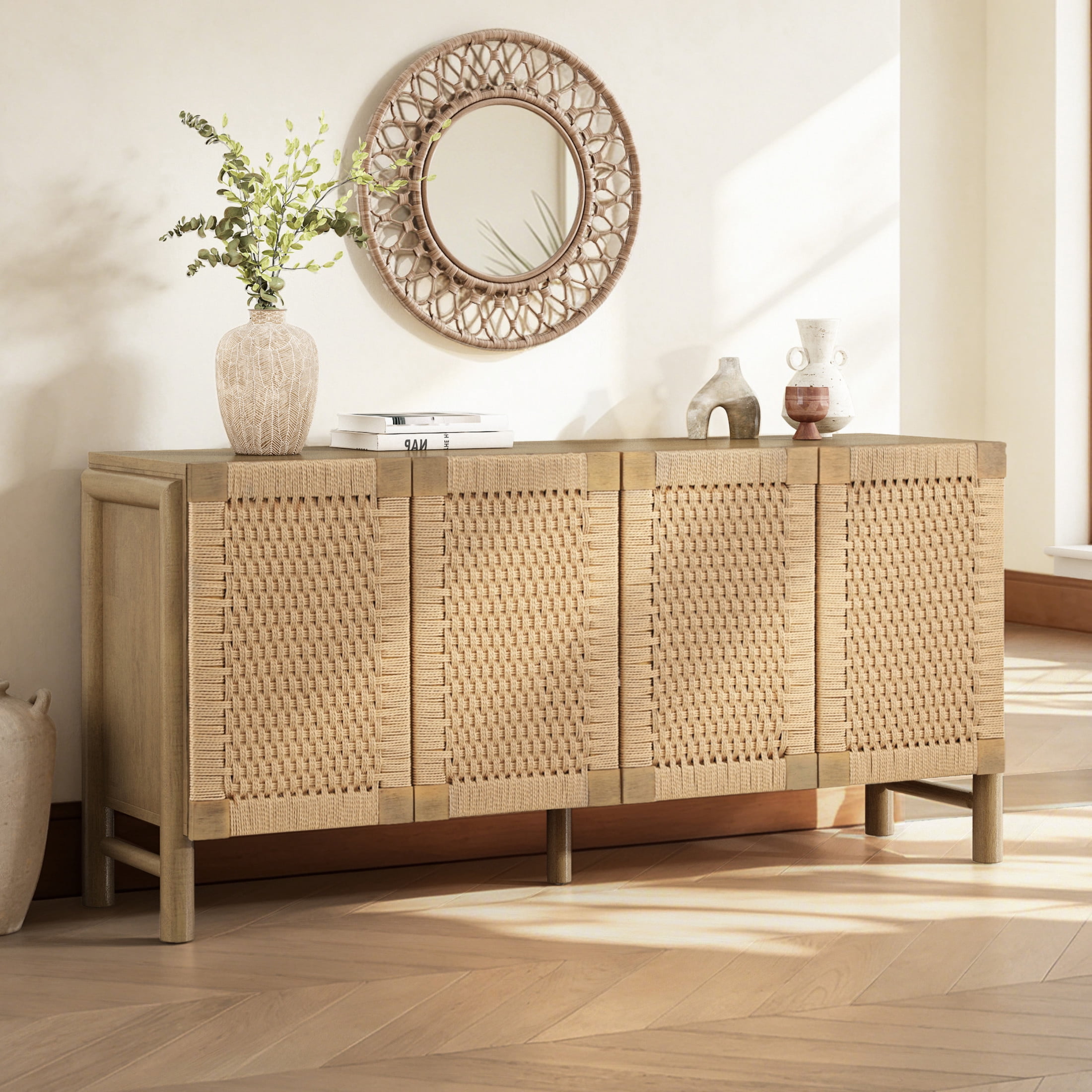 Christopher Knight Home Boho Storage Cabinet with Handwoven Paper Rope Doors, Solid Wood Legs, Natural