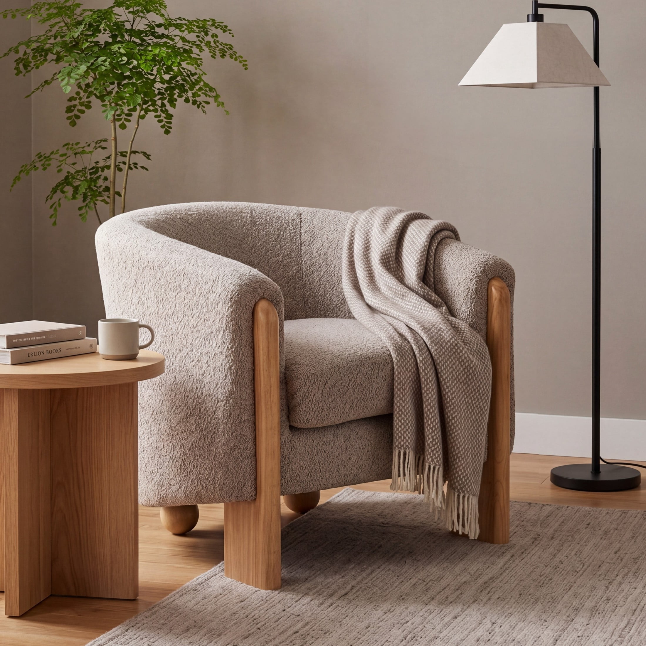 Christopher Knight Home Boucle Barrel Accent Lounge Chair, Curved Back and Wood Legs, Light Brown