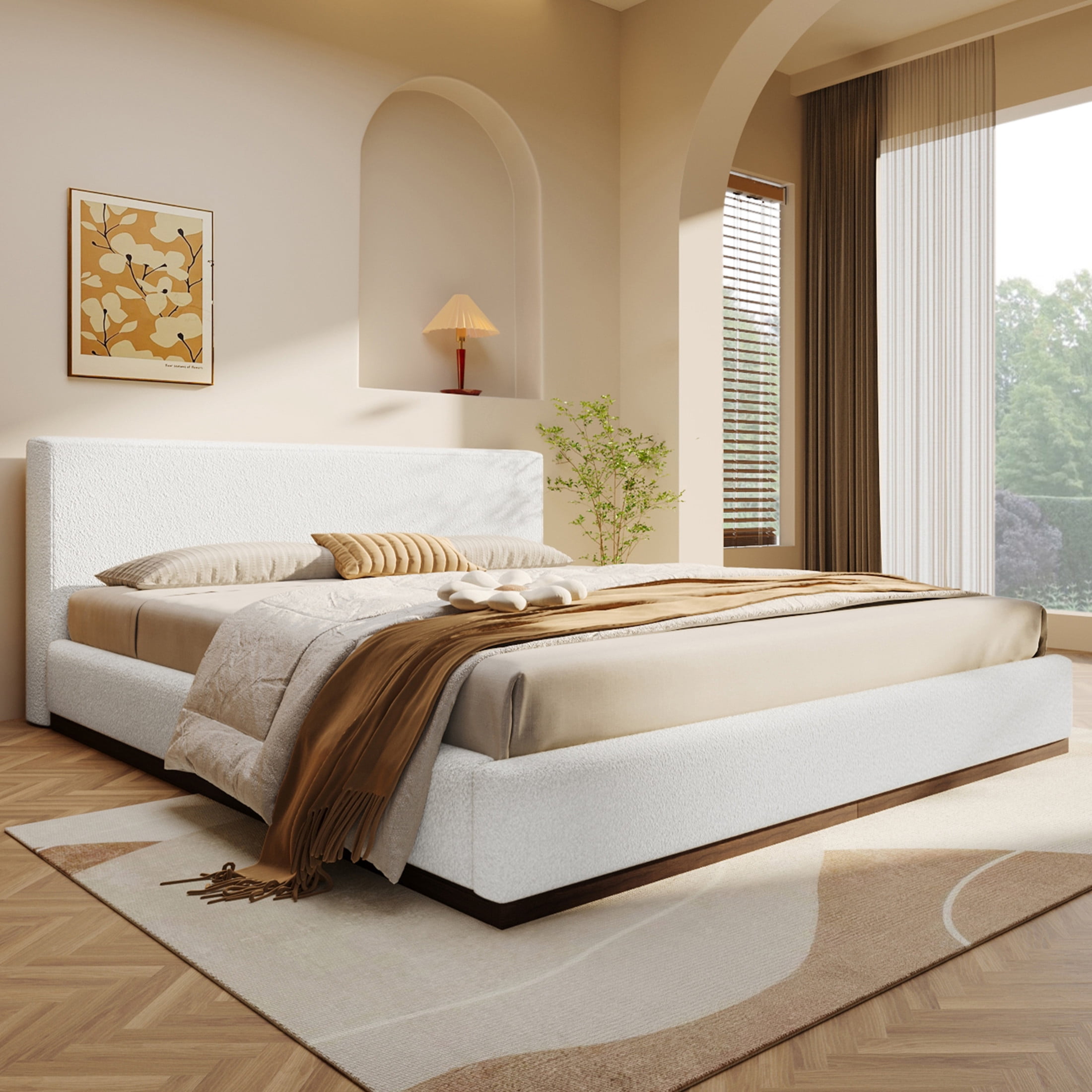 Christopher Knight Home Boucle Upholstered King Bed, Solid Wood Platform Bed Frame, White
