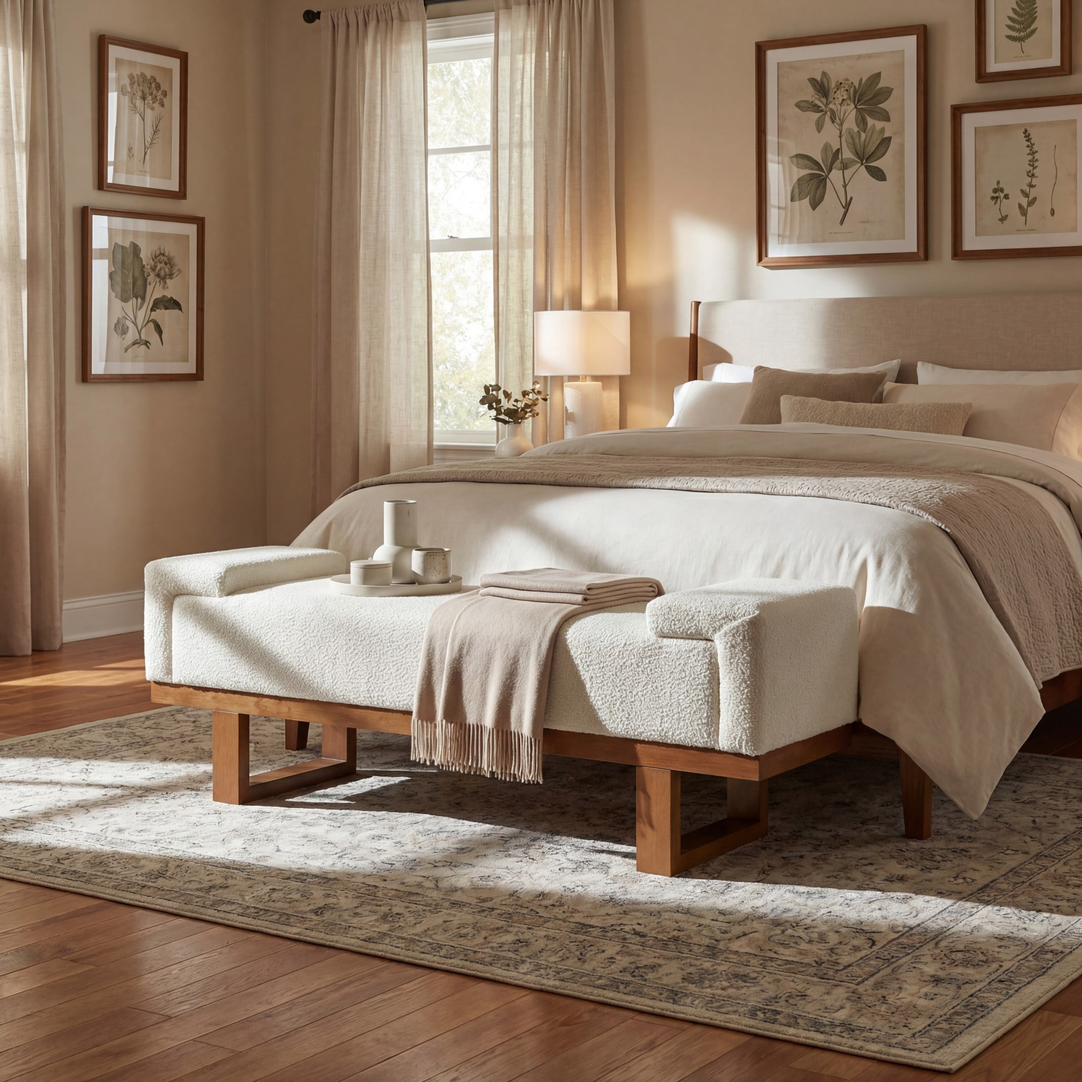 Christopher Knight Home Boucle Upholstered Ottoman Bench with Solid Wood Legs, Ivory and Dark Walnut