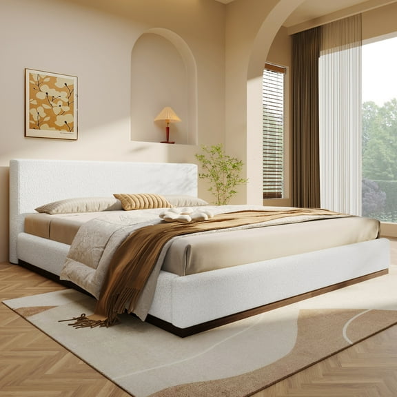 Christopher Knight Home Boucle Upholstered Queen Bed, Solid Wood Platform Bed Frame, White