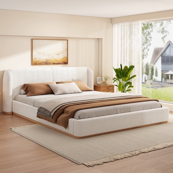 Christopher Knight Home California King Bed Frame with Boucle Upholstered Wingback Headboard, Solid Wood Base, White